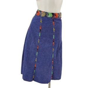 Vintage 70s Threadworks Blue Chambray Paisley Floral Paneled Wrap Skirt